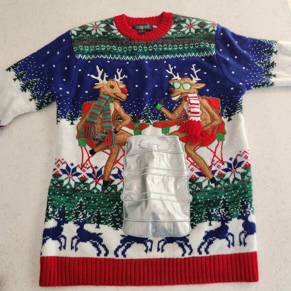 Ugly Christmas Sweater 33 Degrees Holiday Reindeer Beer Bottle Pocket Small EUC - Picture 2 of 9